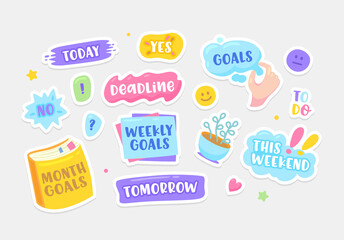 Set of Stickers Today, Deadline, Yes or No and To Do. This Weekend, Tomorrow, Month and Weekly Goals or This Weekend