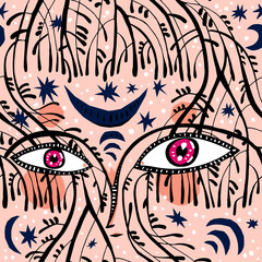 Dryad forest spirit. Tree branches form a magic wood face seamless pattern in psychedelic aesthetic, mystic background.