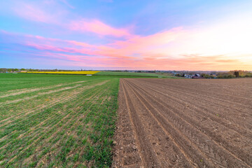 Fototapeta na wymiar Agricultural land has already been worked with the rising sun