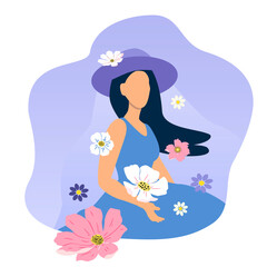 vector cute hand drawn illustration - a young girl in a hat and flowers. summer trend illustration in flat style