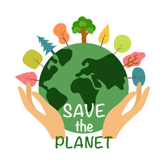 Hand holding earth planet with trees growing in flat design. Save the planet concept. Save our environment.