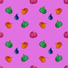 Hand-drawn pattern of delicious bright sweets, colorful marshmallows on a pink background
