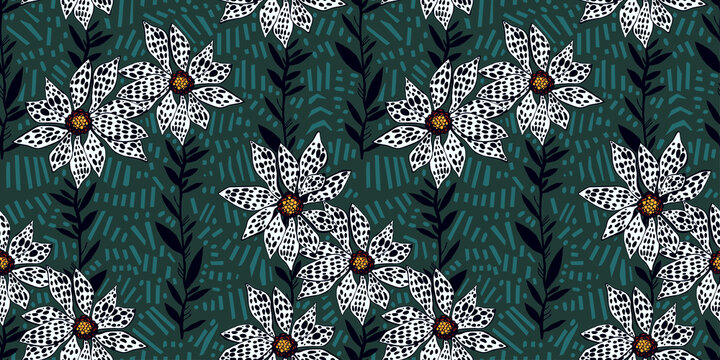 Tiger Lilies In Naive Style. Lily Flower Natural Seamless Pattern In Minimalism Aesthetic, Modern Background.