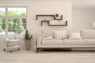 White living room with sofa and summer landscape in window. Scandinavian interior design. 3D illustration