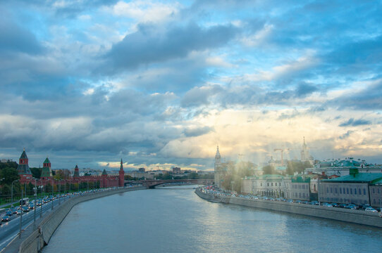 Moscow River near Red Square in the city of Moscow with a beautiful sky after rain and breaking through the rays of the sun