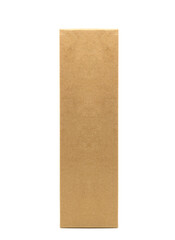 Image of vertical paper cardboard box for bottle packaging, natural brown box, standing on white background, blank space for branding design label, front side view. Concept for natural product.