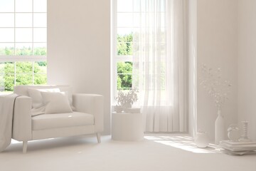 White living room with armchair and green landscape in window. Scandinavian interior design. 3D illustration