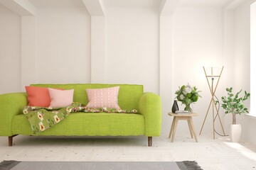 White living room with sofa. Scandinavian interior design. 3D illustration