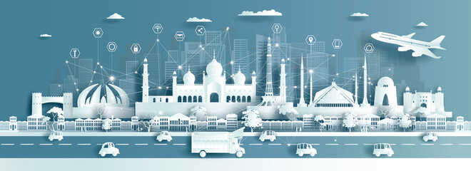 Technology wireless network communication smart city with icon in Pakistan.