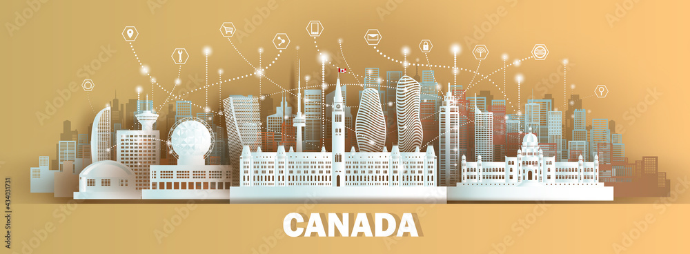 Wall mural Technology wireless network communication smart city with architecture in Canada.