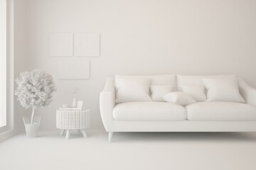 White minimalist living room with sofa. Scandinavian interior design. 3D illustration