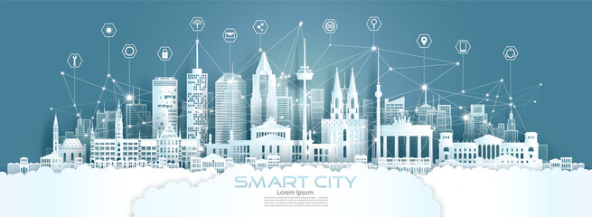 Obraz premium Technology wireless network communication smart city with architecture in Germany.