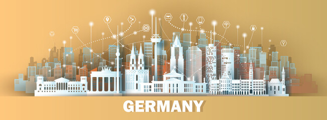Fototapeta premium Technology wireless network communication smart city with architecture in Germany.