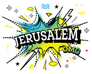 Jerusalem Comic Text in Pop Art Style Isolated on White Background.