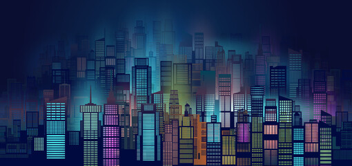 Vector illustration urban architecture, Night scene of light city.