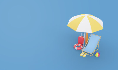 summer time 3d render with illustration of vacation equipment on the beach.