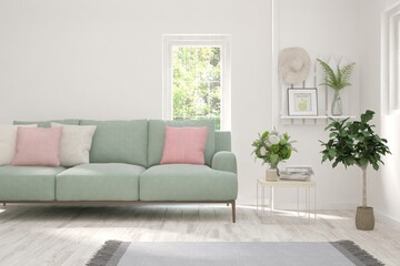 White living room with sofa and summer landscape in window. Scandinavian interior design. 3D illustration