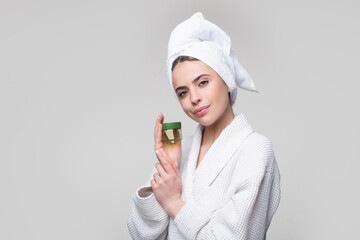 Woman skin care concept. Skincare products. Beautiful woman with clean skin on face. Facial treatment. Cosmetology, beauty and spa.