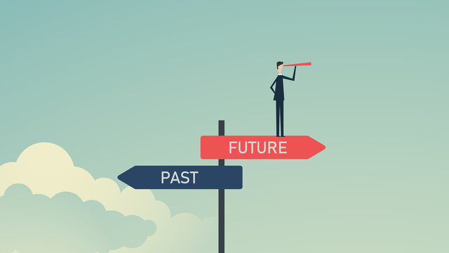 past and future concept, Business alternative , past, and future. Businessmen confidently choose to move forward to the future