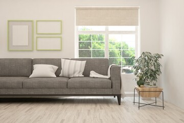 White living room with sofa and summer landscape in window. Scandinavian interior design. 3D illustration