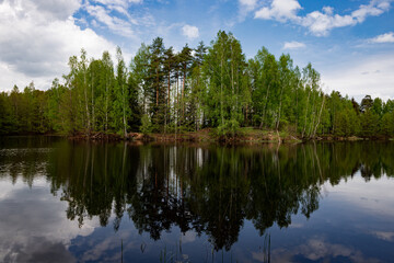 Obraz premium Forest lake view, smooth surface of a lake with clouds reflected, shining level of a forest lake
