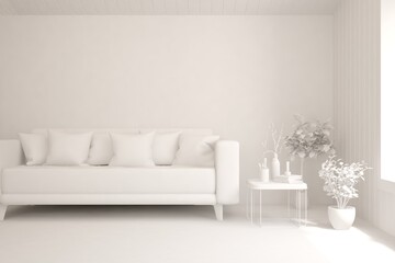 White minimalist living room with sofa. Scandinavian interior design. 3D illustration