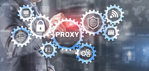 Proxy. Network administrator access the proxy server. Technology concept