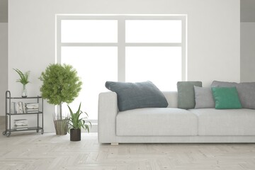Soft color living room with sofa. Scandinavian interior design. 3D illustration