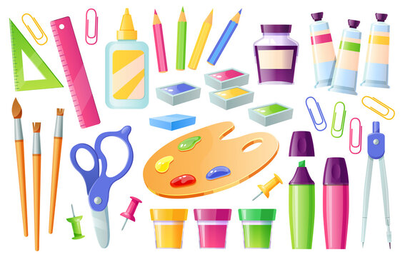 School supplies and stationery, learning items colored pencils, paints and brushes, glue, ruler and scissors with compass, marker and palette with paper clips or pins, Cartoon vector illustration, set