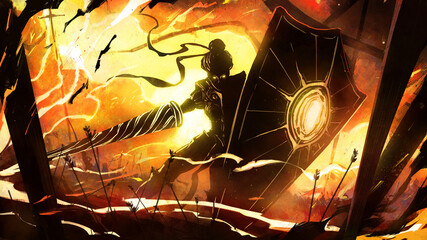 A silhouette of a female warrior with a huge shield and a flanged knight's armor, she stands in an epic pose in the middle of the battle against the background of a bright yellow zak, her eyes glowing - obrazy, fototapety, plakaty