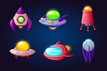 Alien space ships, ufo rockets, fantasy bizarre shuttles, computer game graphic design elements, cosmic collection of funny spaceships isolated on blue background, Cartoon vector illustration set © klyaksun