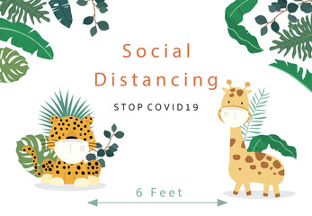 Cute animal social ditancing collection with giraffe,leopard is wearing mask.Vector illustration for prevention the spread of bacteria,coronviruses