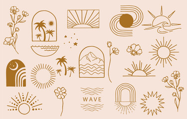 Collection of line design with sun,sea,wave.Editable vector illustration for website, sticker, tattoo,icon