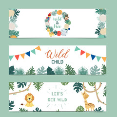 Fototapeta premium Set of cute safari with giraffe,lion,monkey.Vector illustration for baby invitation, kid birthday invitation,banner and postcard