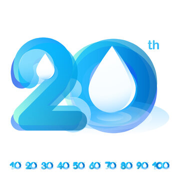 Set of vector template design illustration logotype number 10th-100th anniversary cool tone blue aqua water - rain drop fresh nature concept for invitation card, backdrop, label, logo and advertising.