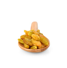 raisins in wood spoon isolated on white background