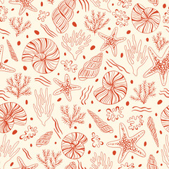 Hand-Drawn Sea Shells, Fossils, Starfish, Corals, Seaweeds, Waves Outline Vector Seamless Pattern. Summer Beach Seaside Print. Ocean Fashion Textile Red, White Background. Seashore Elements Texture