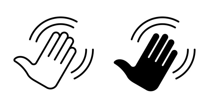 Flat sign of greeting or goodbye. Human waving palm icon with swing lines. Vector elements