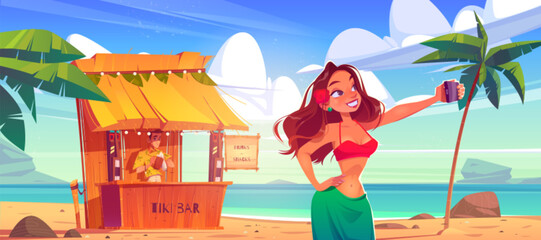Obraz na płótnie Canvas Girl take selfie on background of tiki bar and sea landscape. Vector cartoon illustration of woman taking self photo on phone camera on ocean beach with wooden cafe with bartender