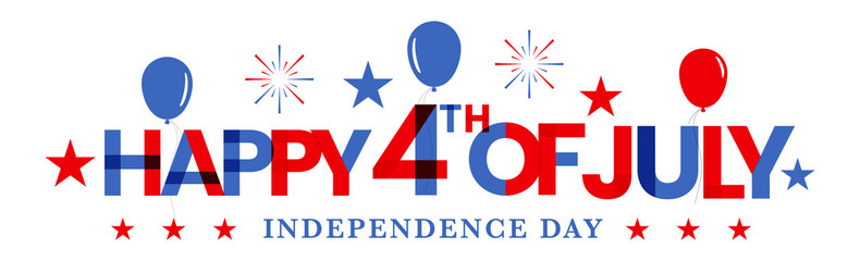 Happy 4th of July, USA independence day celebration, colorful decorated text, typography icon, monogram design with red, blue balloons, and fireworks. - obrazy, fototapety, plakaty