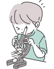 顕微鏡を覗いて観察する男の子のイラスト