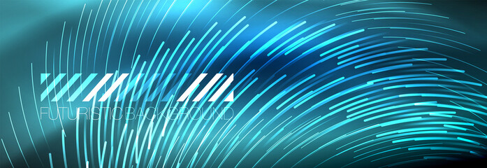 Neon glowing lines, magic energy and light motion background. Vector wallpaper template