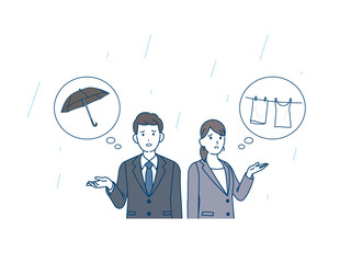 雨が降る　傘を忘れる　洗濯物干しっぱなし　困る　スーツ姿の男女　会社員　イラスト素材