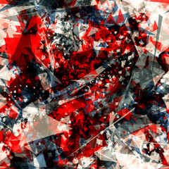 Red, blue, white seamless texture from triangles. Uneven surface. Crystal effect.
