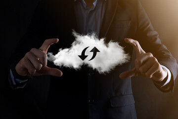 Cloud technology. Polygonal wireframe cloud storage sign with two arrows up and down on dark ....
