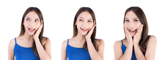 Portrait of asian woman Frightened expression With raising the hand to hold the face isolated on white background.