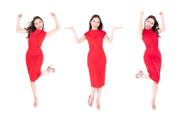 Portrait beautiful asian woman in a red dress Showing a happy expression On a white background