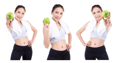 Portrait of asian pretty sporty woman showing an apple ,isolated on white background