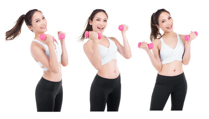 Portrait of asian pretty sporty woman holding weights looking camera with smileface ,isolated on white background