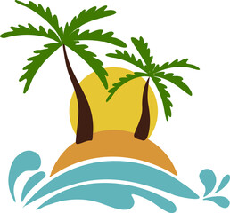Vector illustration of palm trees at sunset with the sea. Summer vacation in the tropics. A tropical island.